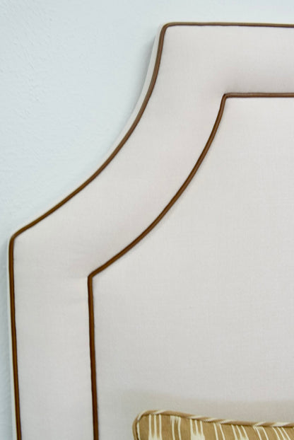 65"H King Headboard in Cream Woven Fabric - Brown Leather Trim