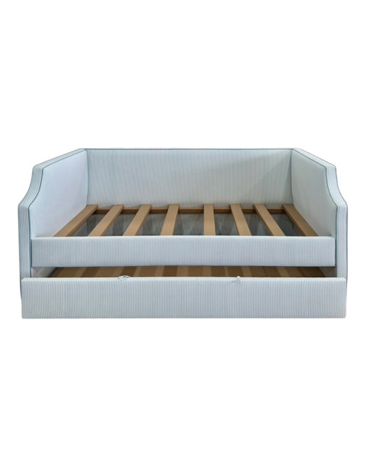 Twin Trundle Daybed - Ticking Stripe Fabric with Sky Blue Trim