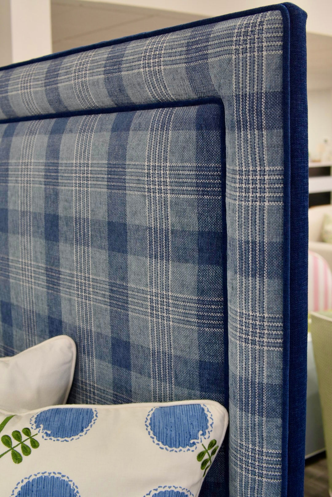 65”H Queen Upholstered Platform Bed - Navy Plaid Fabric - Navy Trim