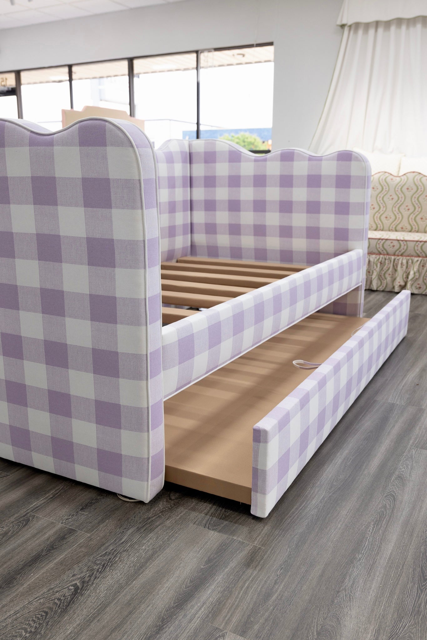 The Waverly Twin Trundle Daybed  - Buffalo Orchid Fabric - White Trim