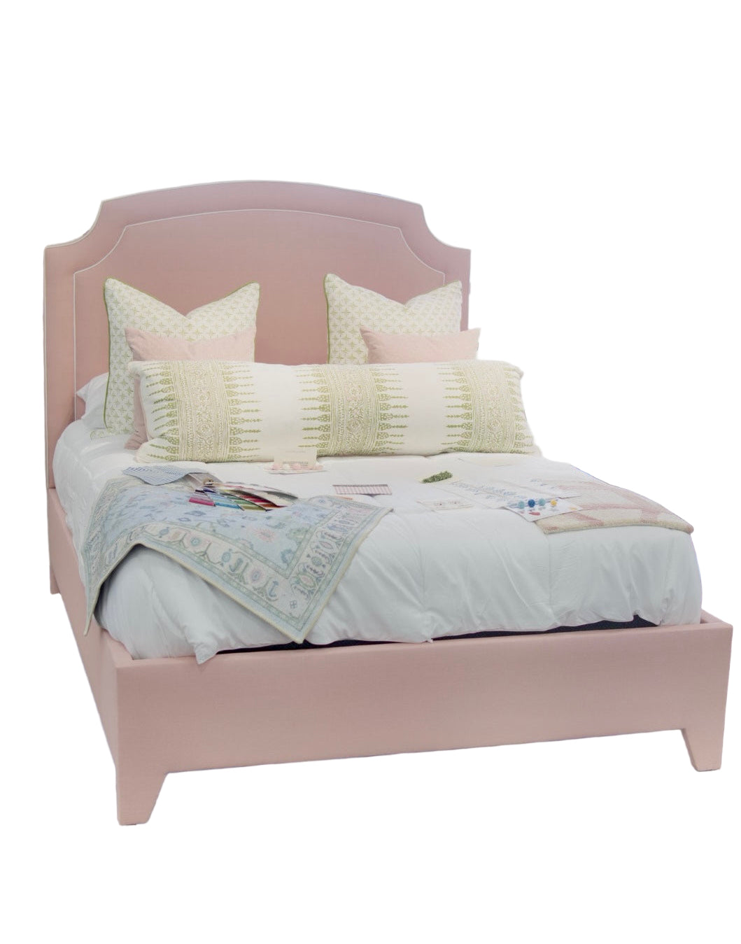 60”H Queen Platform Bed in our Blush Pink Linen with White Trim — In-stock now.