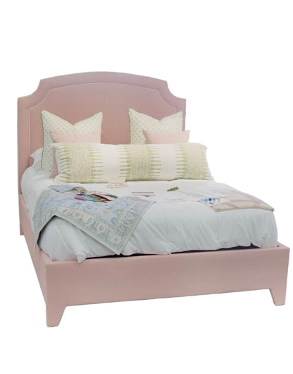 60”H Queen Platform Bed in our Blush Pink Linen with White Trim — In-stock now.