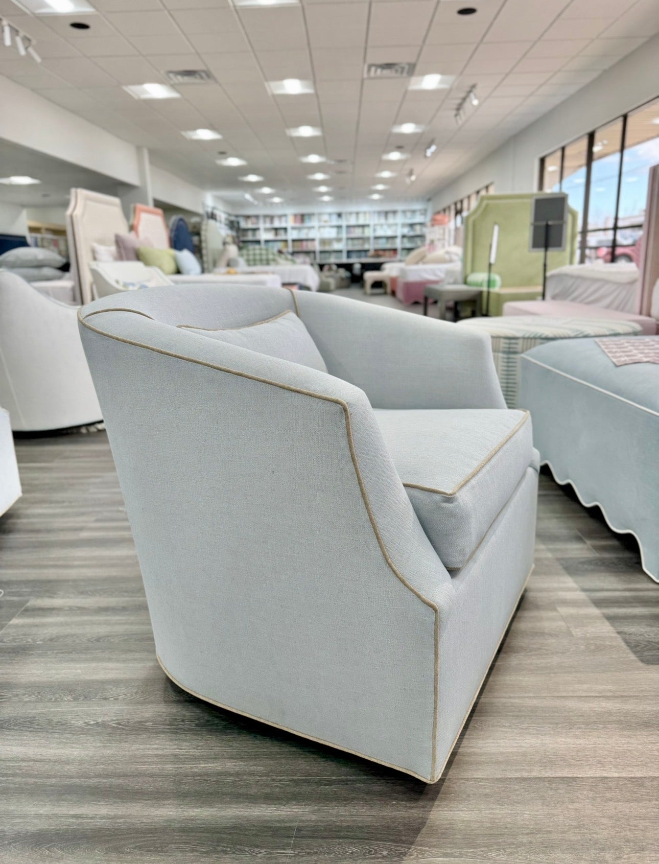 Custom Swivel Chair -  Performance Crypton Fabric in Light Blue - Mushroom Trim