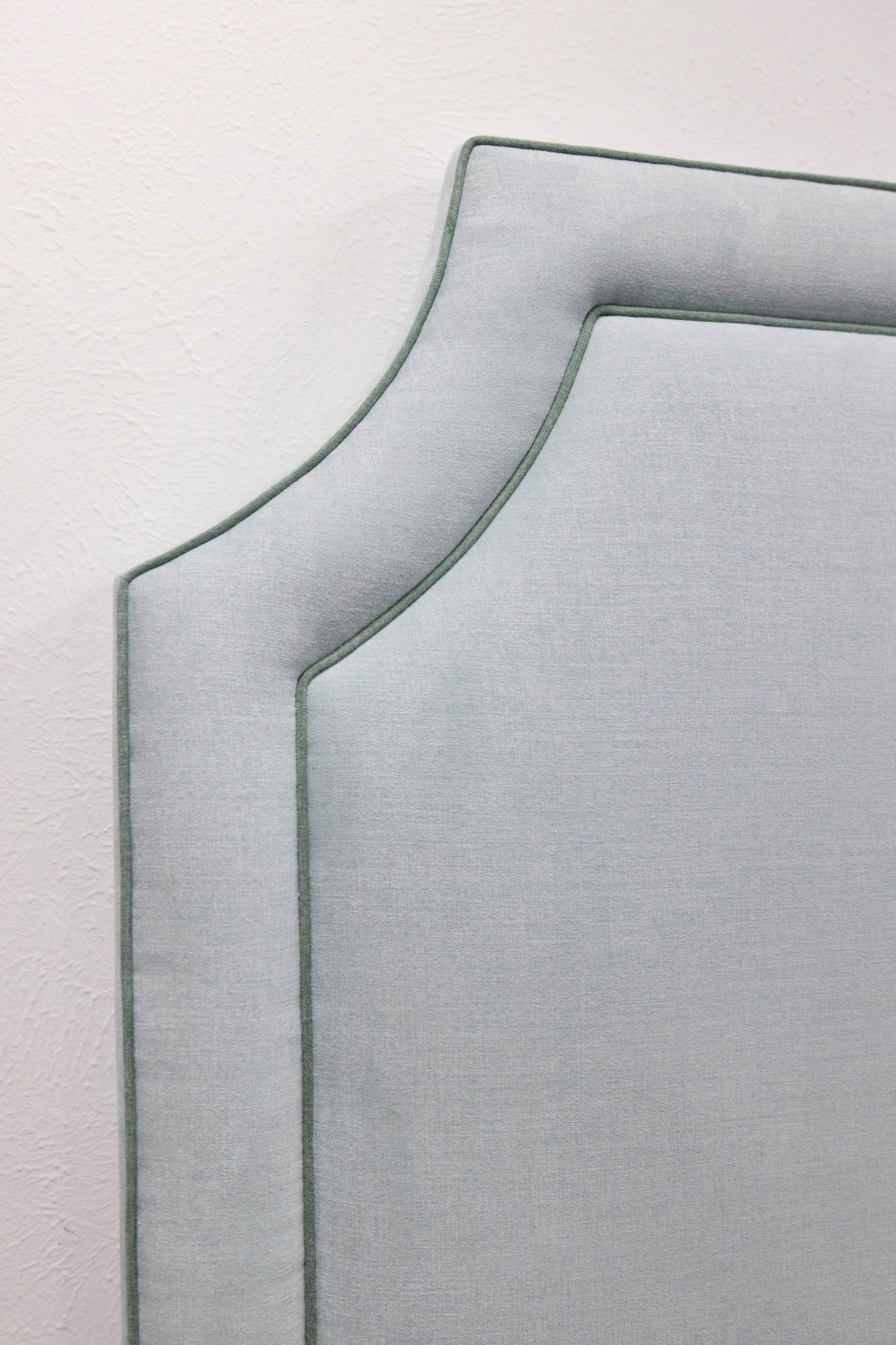The Addison King Headboard - Seafoam Green Woven Fabric - Sage Green Trim