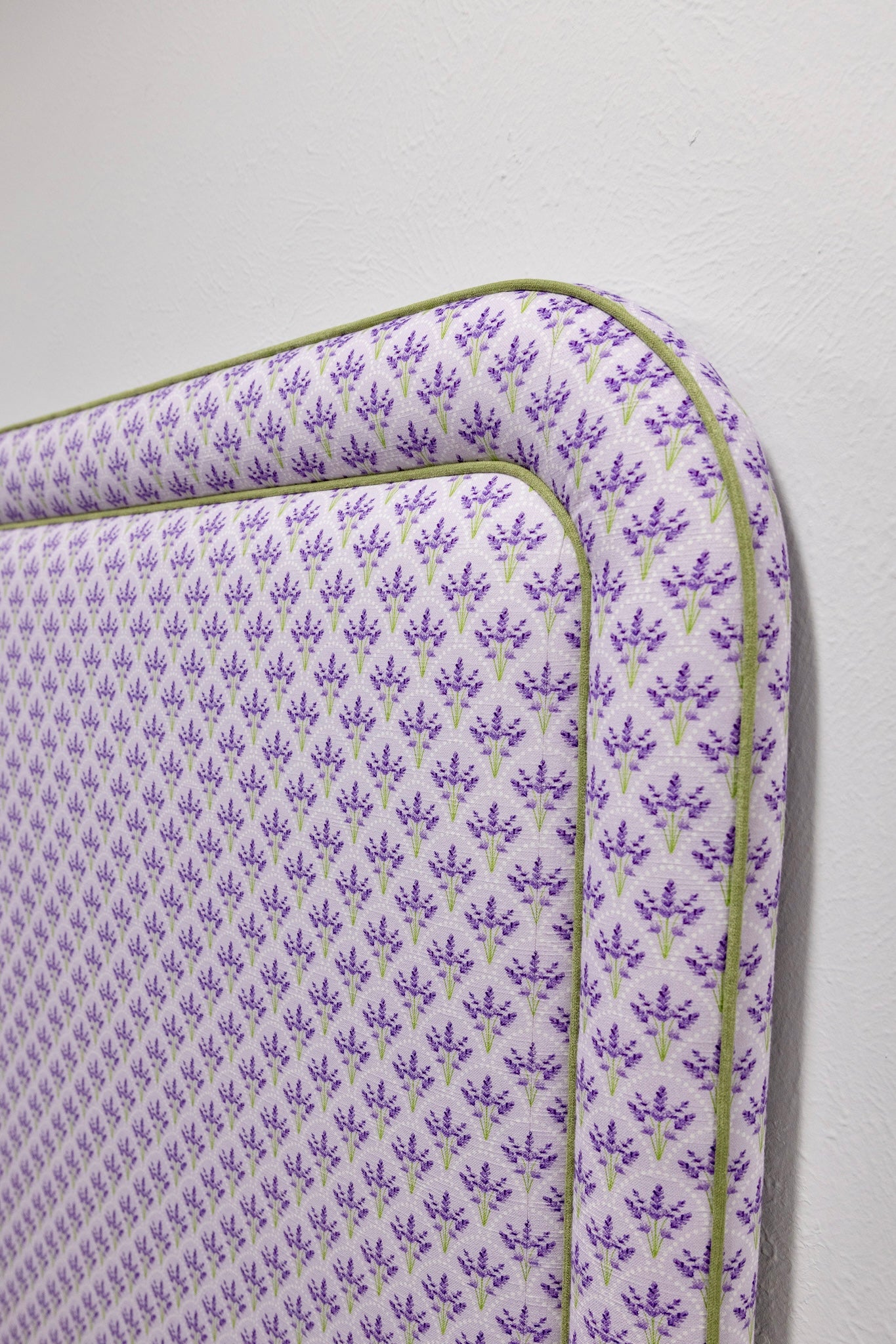 65”H Queen Headboard Only - Lorraine Lavender Floral Linen Fabric - Green Trim