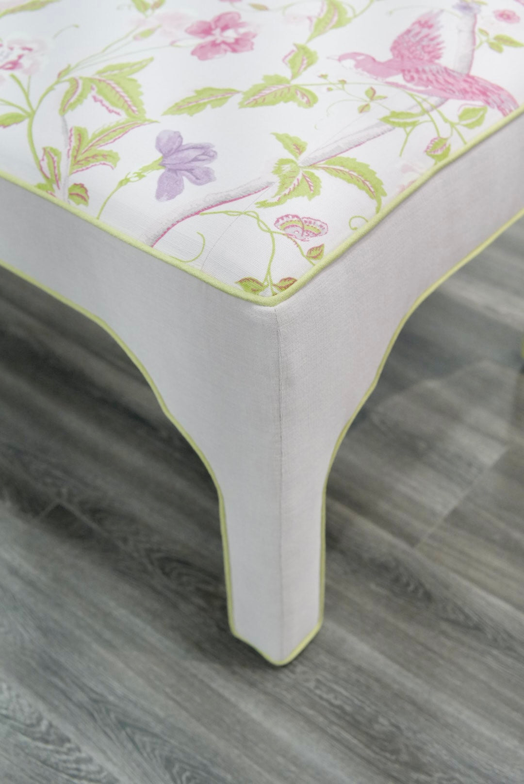 Custom Upholstered Bench in Floral Fabric - Pear Green Trim
