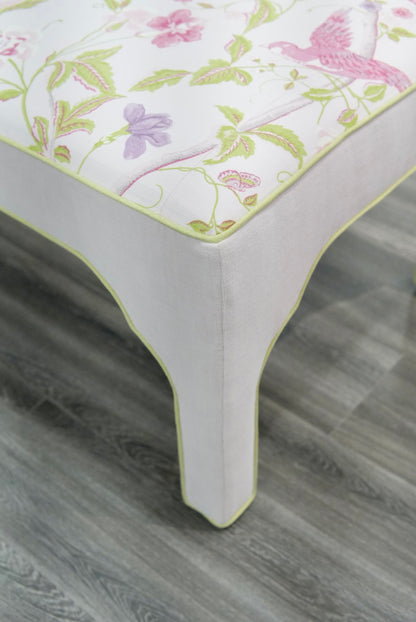 Custom Upholstered Bench in Floral Fabric - Pear Green Trim