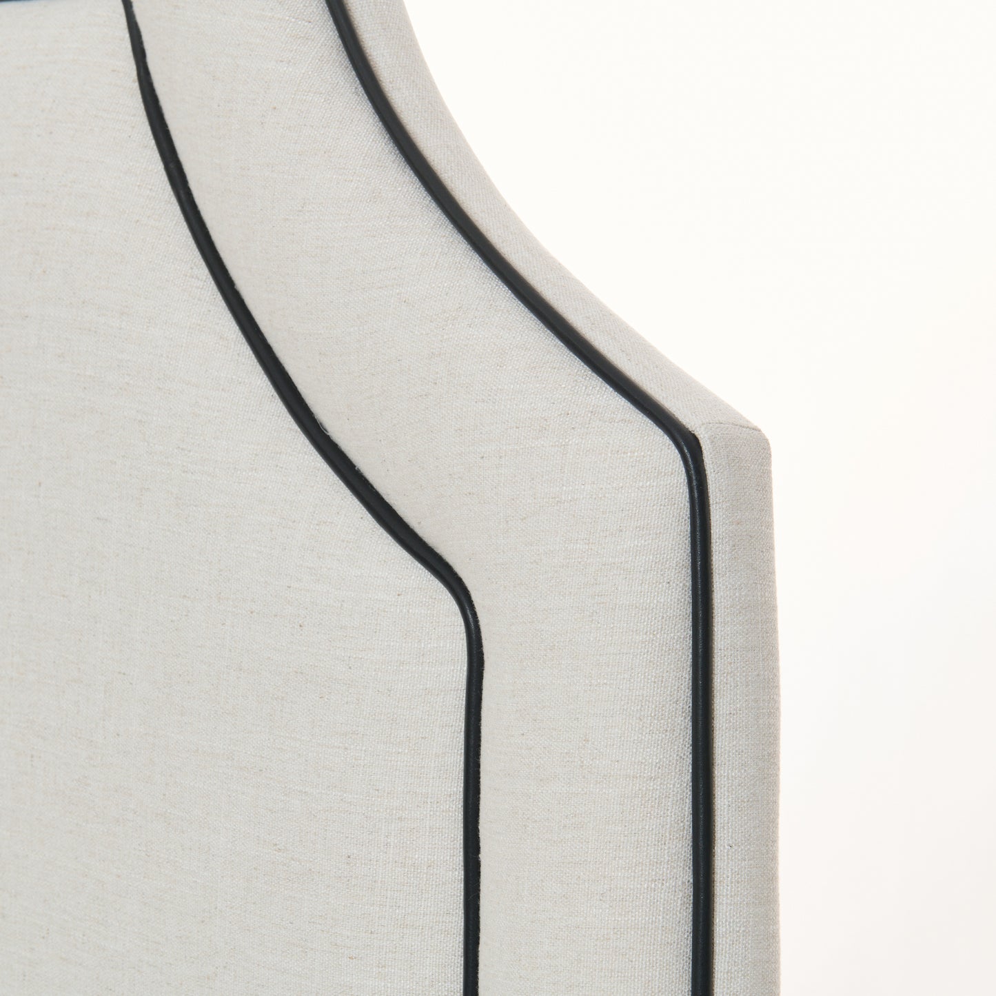 The Addison Queen Bed - Off-White Linen Fabric - Black Leather Trim