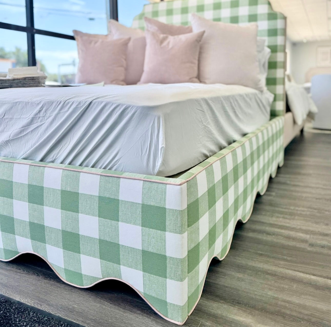 65”H Queen Platform Bed in our Buffalo Green with Pink Trim — In-stock now.