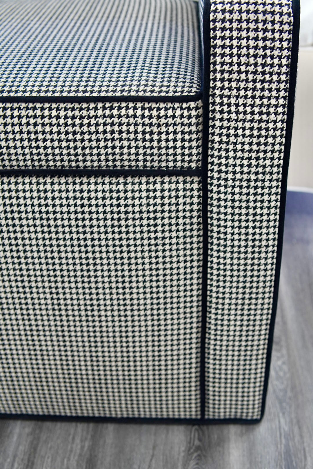 Milly Storage Bench – Houndstooth Fabric with Black Mohair Trim