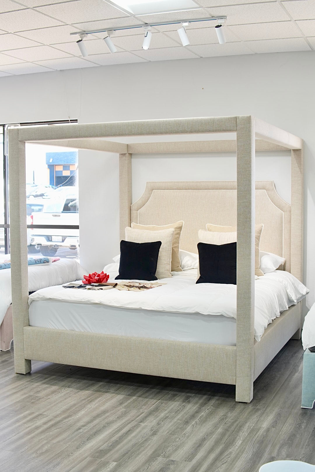 Classic Upholstered King Canopy Bed in Neutral Linen