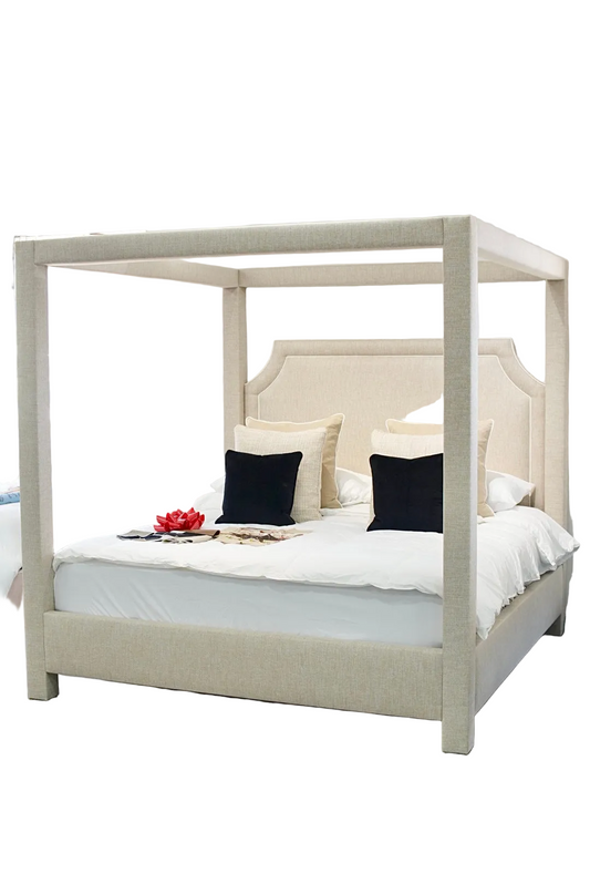 Classic Upholstered King Canopy Bed in Neutral Linen