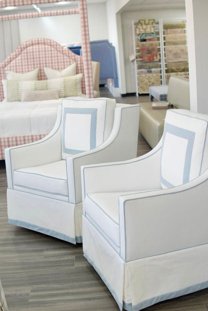 Custom Swivel Glider Chair – White Linen with Sky Blue Trim