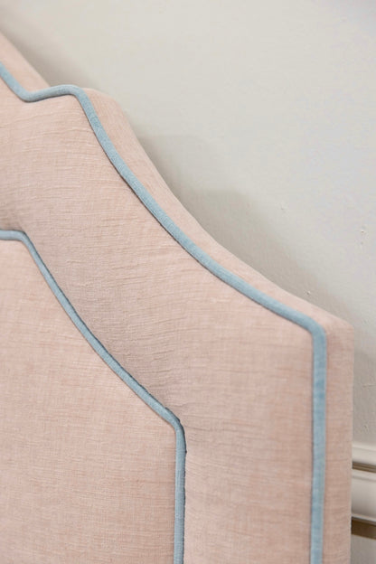 The Grace Queen Bed - Pink Performance Chenille Fabric - Sky Blue Trim