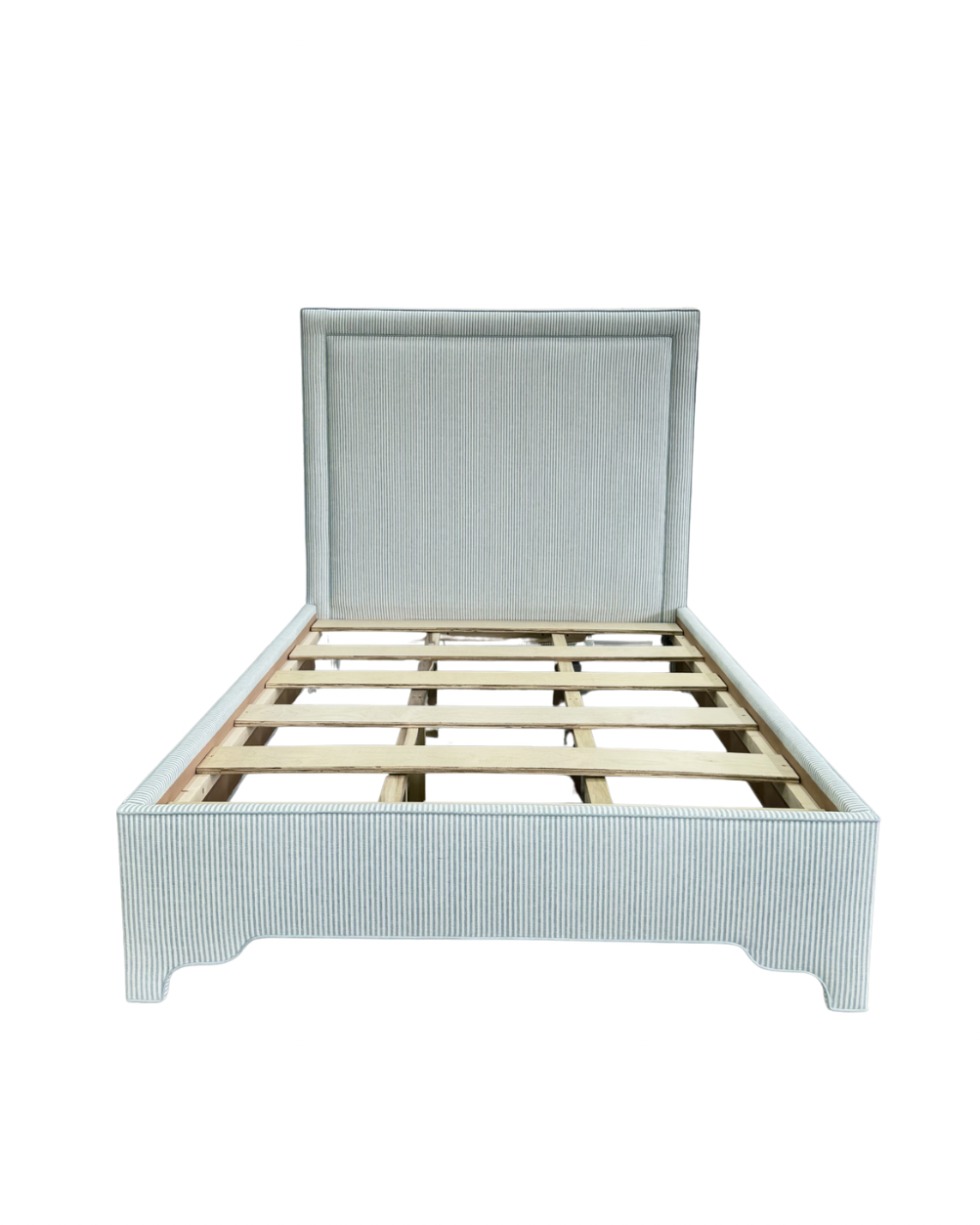 65”H Queen Upholstered Platform Bed - Pierre Frey Upholstery Linen Fabric - Seafoam Green Trim