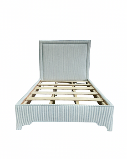 65”H Queen Upholstered Platform Bed - Pierre Frey Upholstery Linen Fabric - Seafoam Green Trim