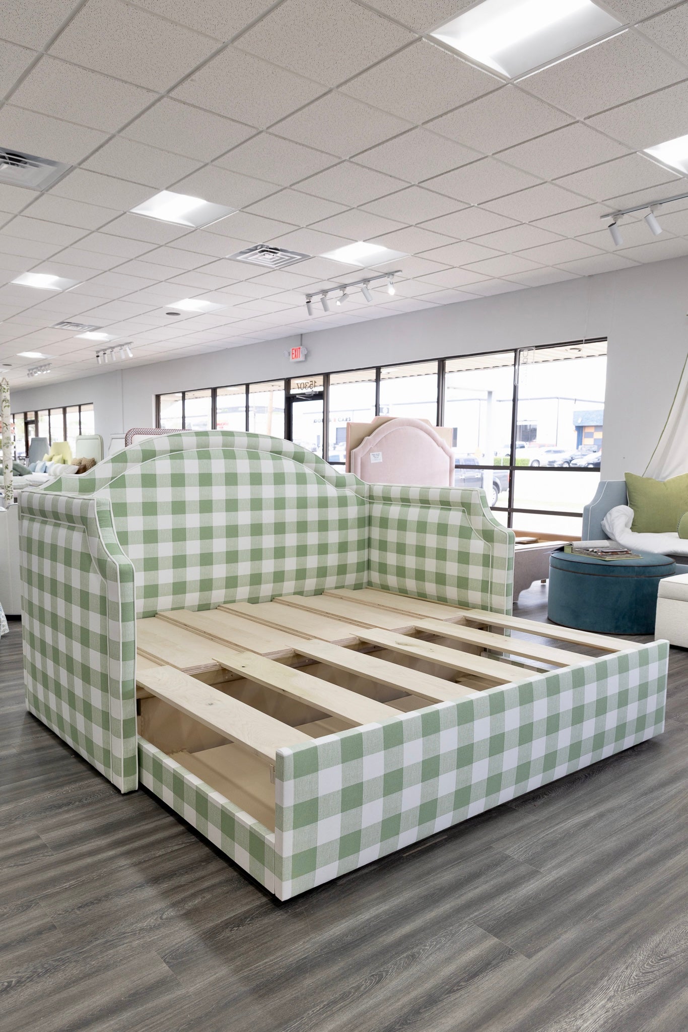 The Grace Twin to King Trundle Daybed - Buffalo Sage Green Fabric - White Trim