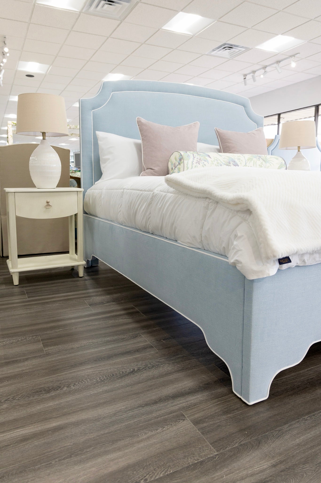 The Aliana King Bed - Scalloped Legs - Sky Blue Woven Fabric with White Trim