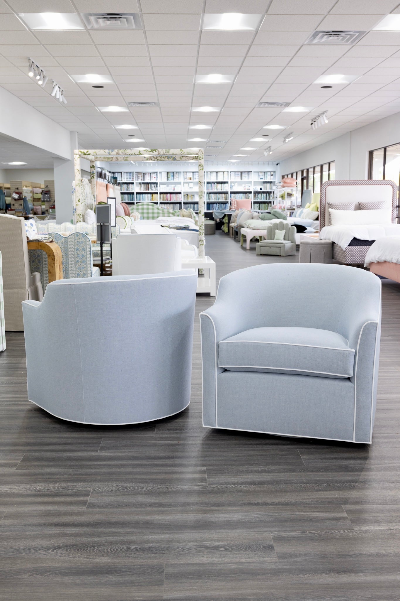 Custom Swivel Chair: Performance Light Blue Crypton Fabric - White Trim