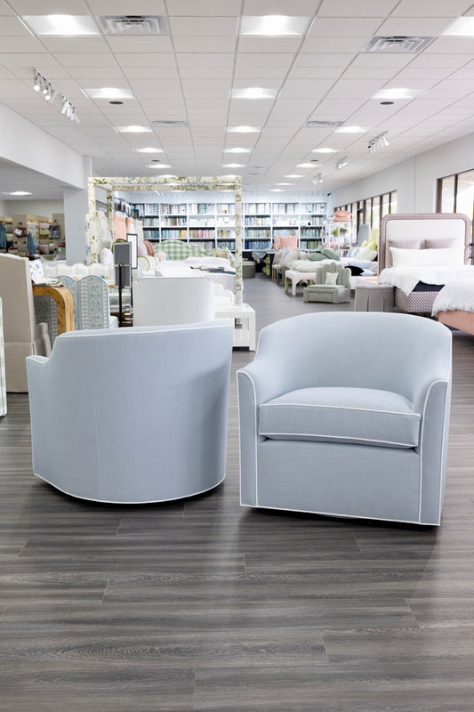 Custom Swivel Chair: Performance Light Blue Crypton Fabric - White Trim