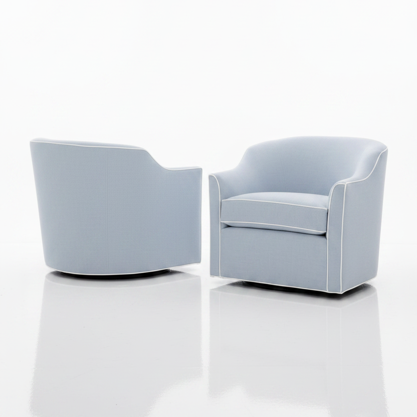 Custom Swivel Chair: Performance Light Blue Crypton Fabric - White Trim