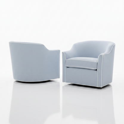 Custom Swivel Chair: Performance Light Blue Crypton Fabric - White Trim