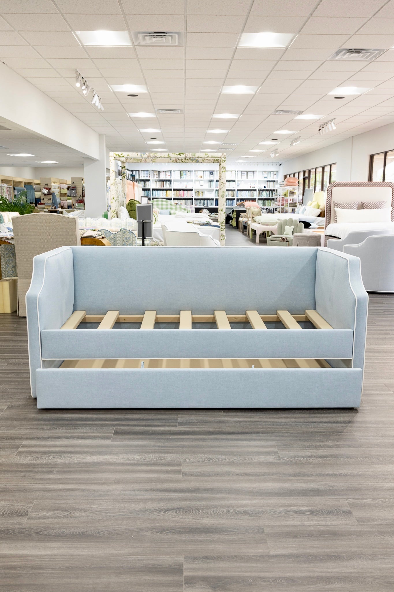 The Addison Twin Trundle Daybed - Sky Blue Woven Fabric - White Trim