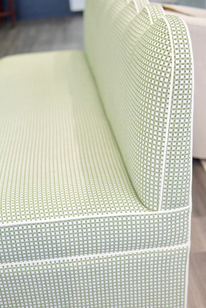 76"L Custom Scalloped Banquette in Darcy Leaf Fabric from Thibaut - Modern Upholstered Dining Banquette with Pleated Skirt