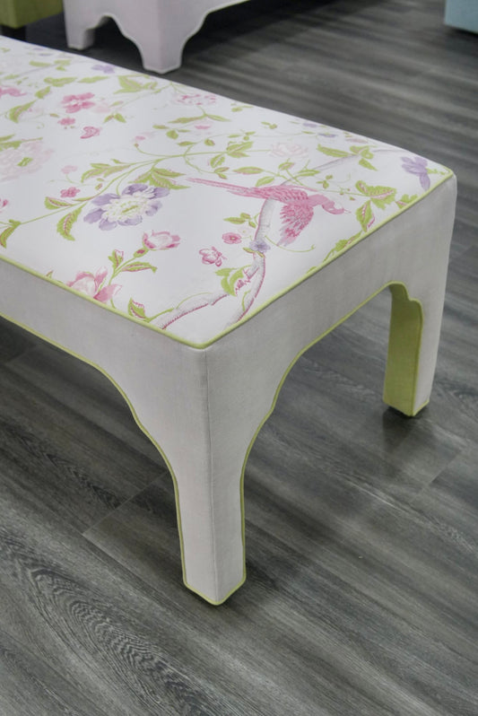 Custom Upholstered Bench in Floral Fabric - Pear Green Trim