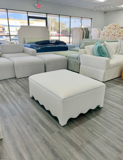 Scalloped Ottoman / Coffee table in White Boucle Fabric - Sky Blue Trim