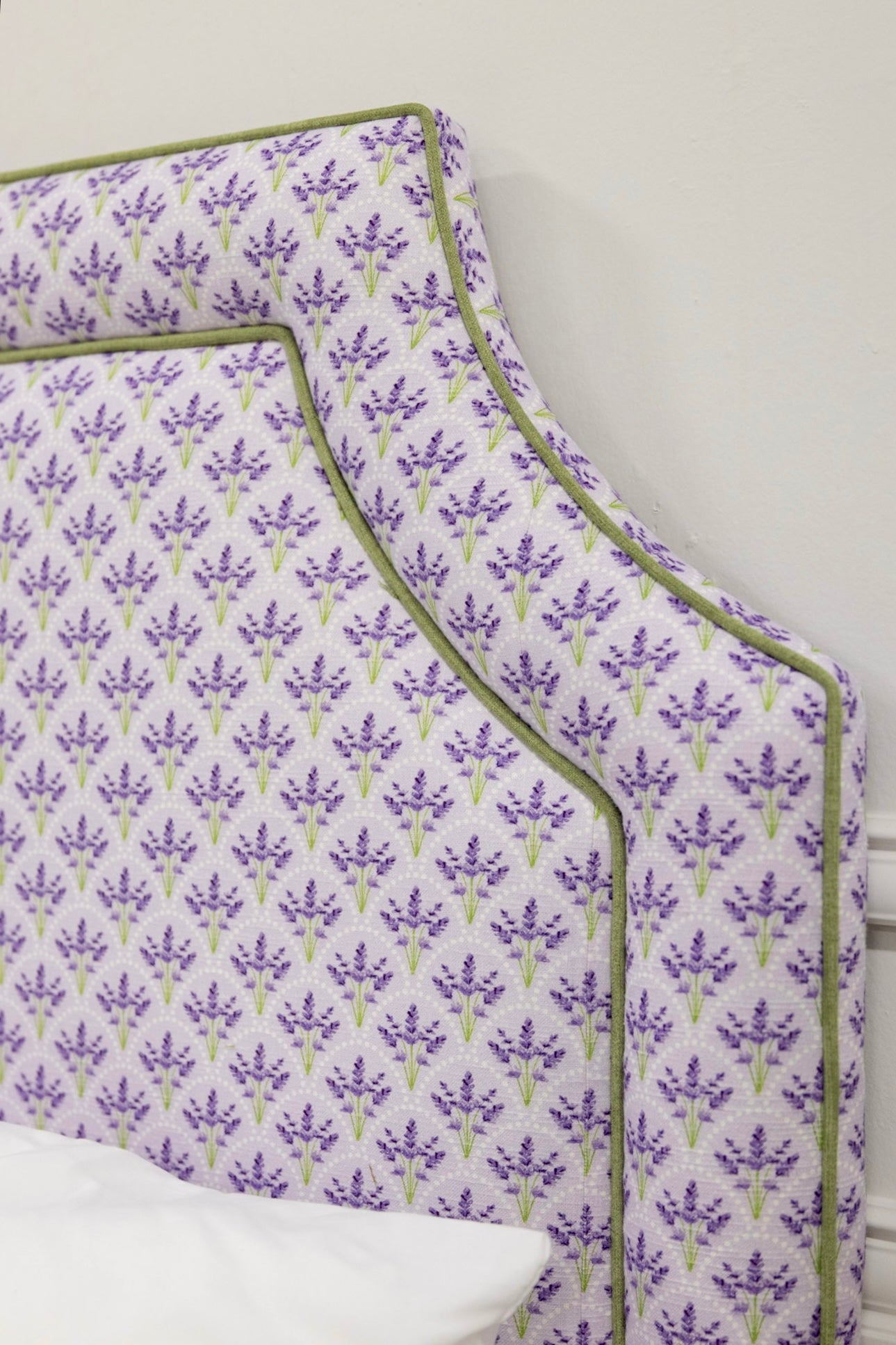 The Addison Queen Bed - Lavender Floral Linen Fabric - Green Trim