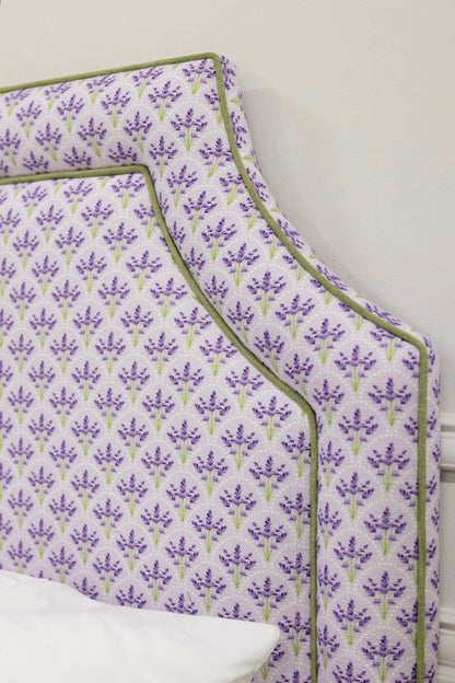The Addison Queen Bed - Lavender Floral Linen Fabric - Green Trim