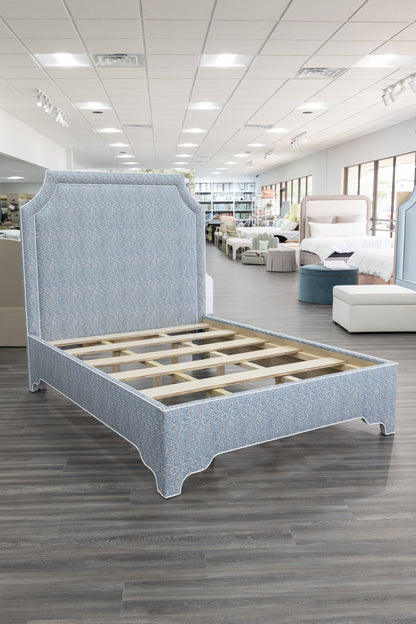 65”H Queen Platform Upholstered Bed - Perry Blue Polyester Fabric with White Trim