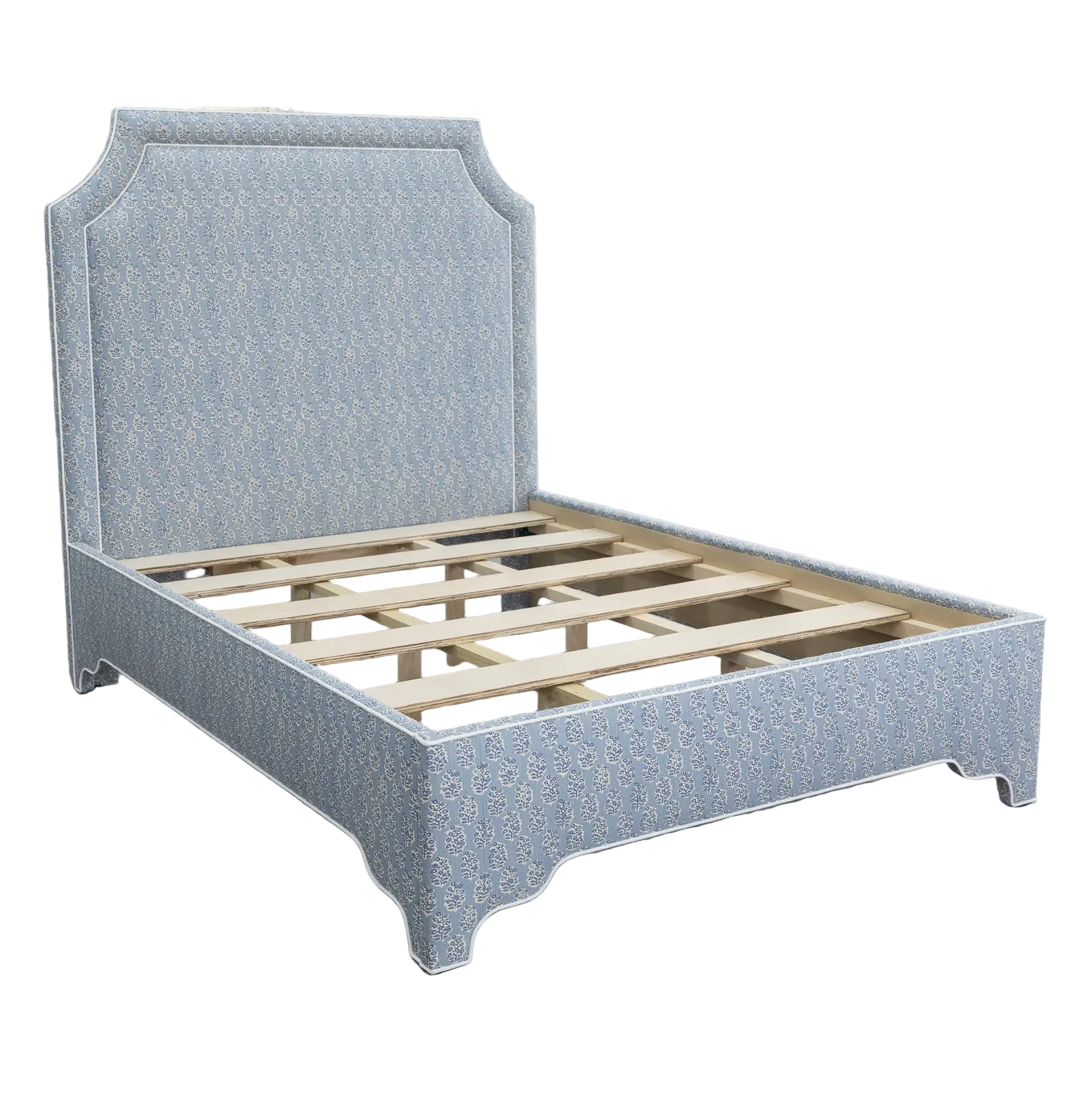 65”H Queen Platform Upholstered Bed - Perry Blue Polyester Fabric with White Trim