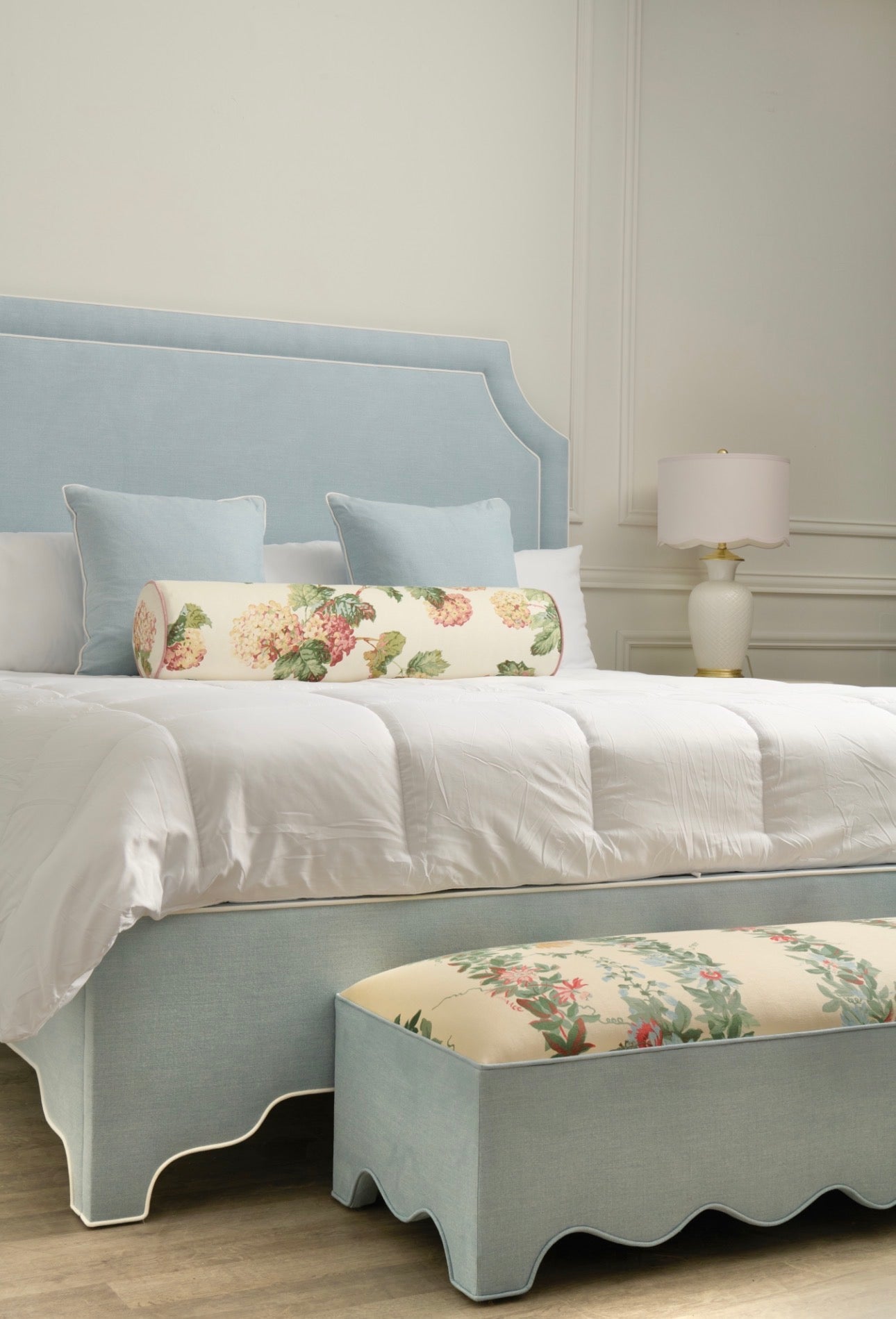 50” L Scalloped End of Bed Bench in Sky Blue Woven Fabric - White Trim