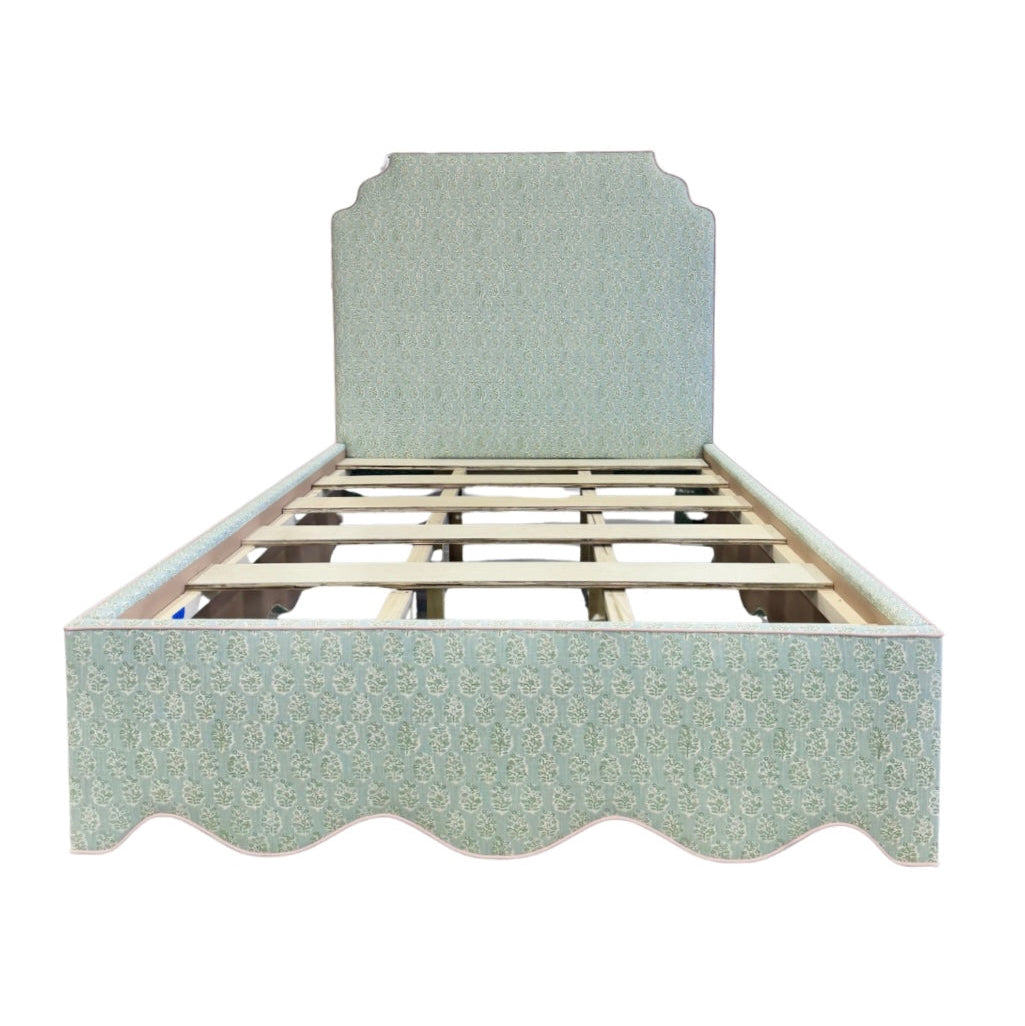 65”H Queen Platform Upholstered Bed - Perry Green Polyester Fabric - Pink Trim