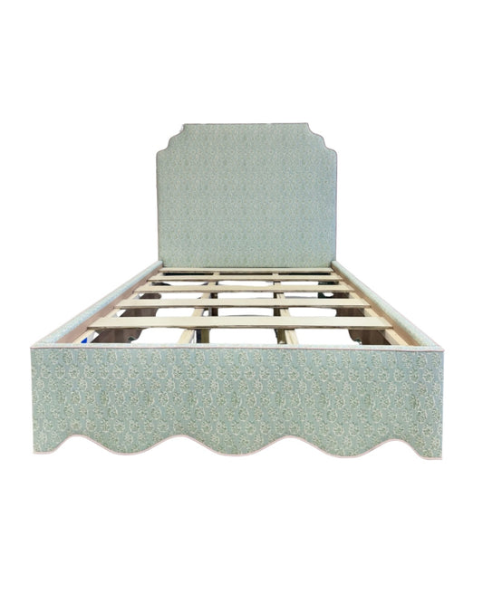 65”H Queen Platform Upholstered Bed - Perry Green Polyester Fabric - Pink Trim