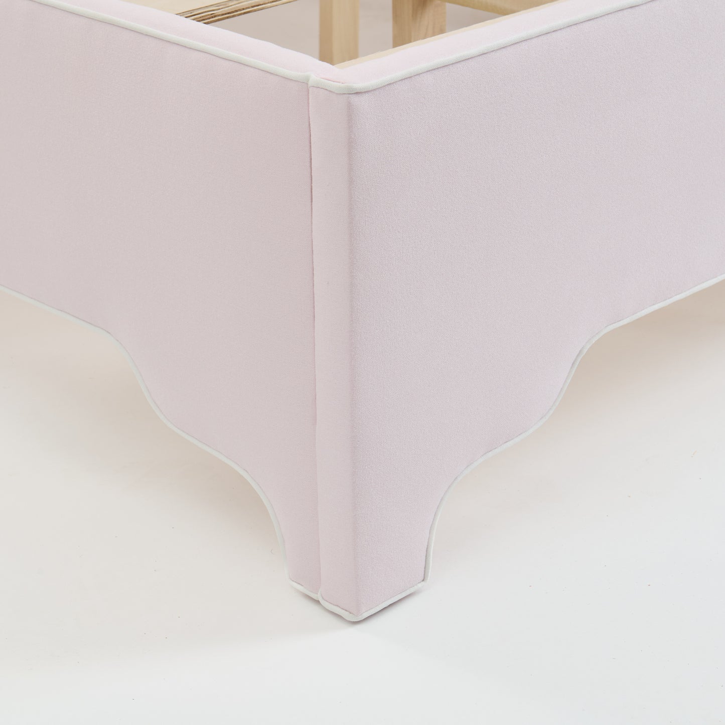 65” H Queen Upholstered Platform Bed - Scalloped Legs - Powder Pink Woven Fabric with White Trim