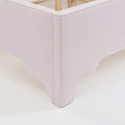 65” H Queen Upholstered Platform Bed - Scalloped Legs - Powder Pink Woven Fabric with White Trim