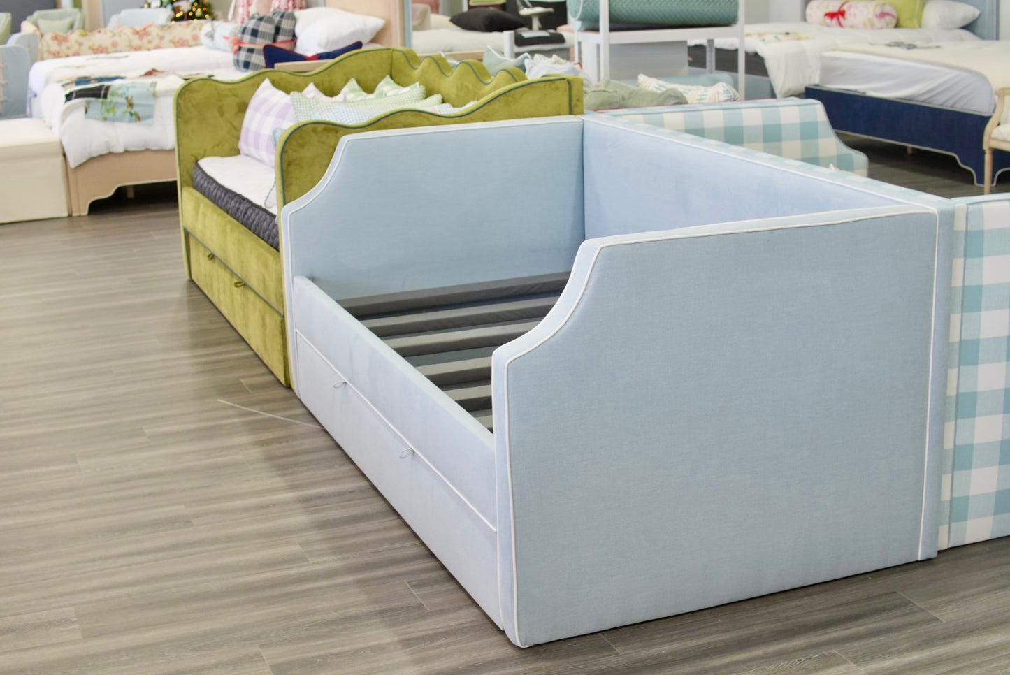 Twin Trundle Daybed - Sky Blue Woven Fabric with White Trim