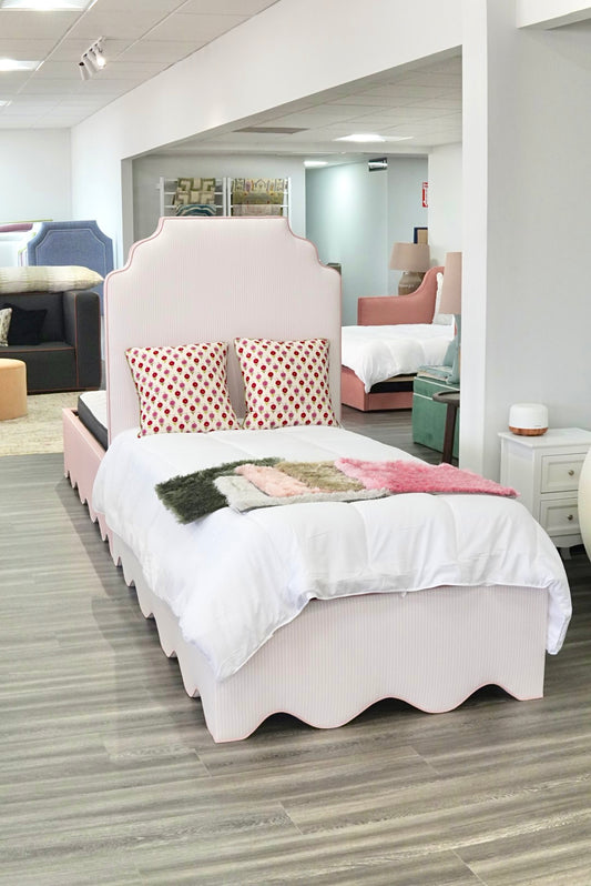 60”H Twin Upholstered Platform Base Bed - Scalloped Base - Classic Ticking Pink Fabric with Pink Trim