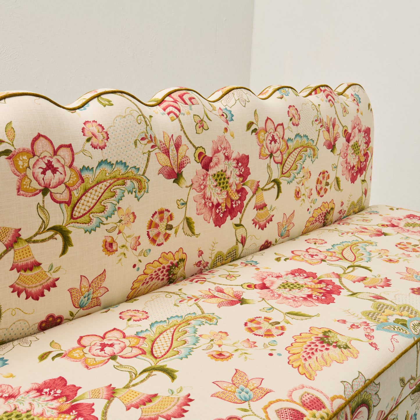 76"L Custom Scalloped Banquette in Ophelia Blossom - Modern Upholstered Dining Banquette with Pleated Skirt