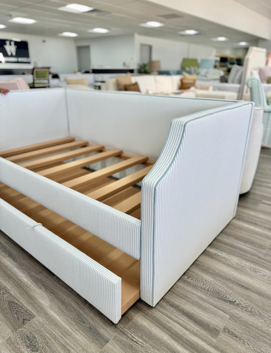 Twin Trundle Daybed - Ticking Stripe Fabric with Sky Blue Trim