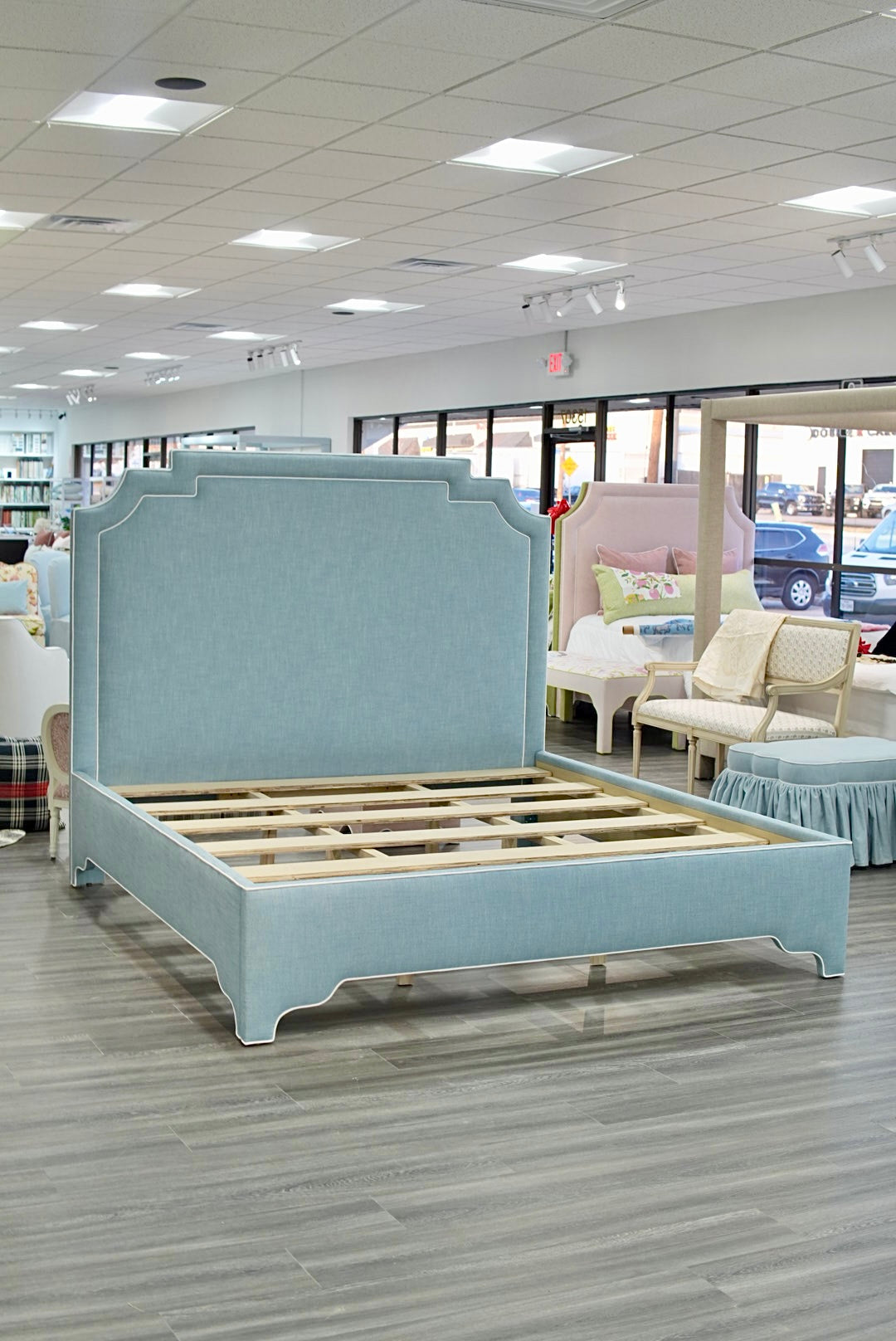 65"H King Bed - Glacier Blue Linen Fabric with White Trim