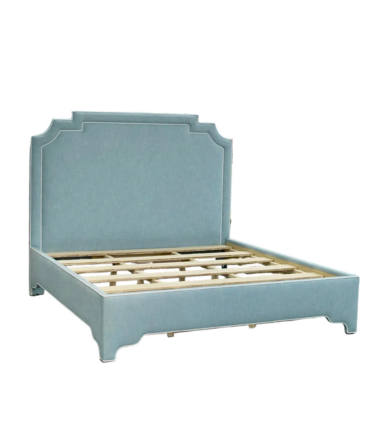 65"H King Bed - Glacier Blue Linen Fabric with White Trim