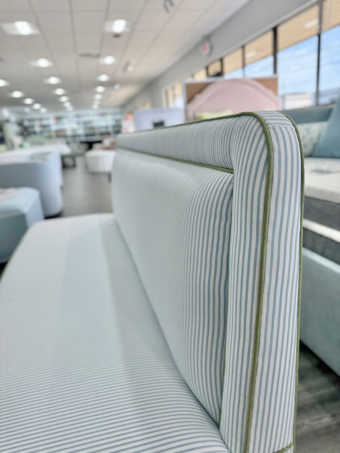 Lorraine Banquette – Perennials Striped Blue Fabric - Green Trim
