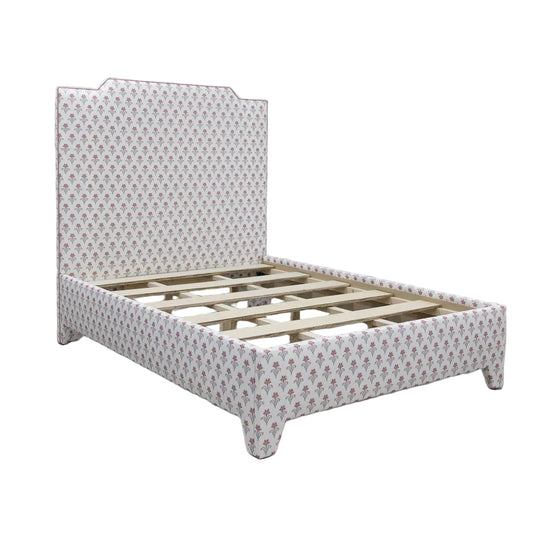 The Celeste Queen Upholstered Platform Bed - Pink Floral Linen Fabric - Petal Pink Trim