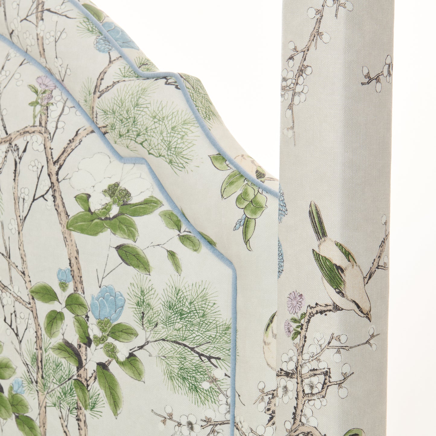 The Grace Queen Canopy Bed - Upholstered in Katsura Fabric - Blue Trim