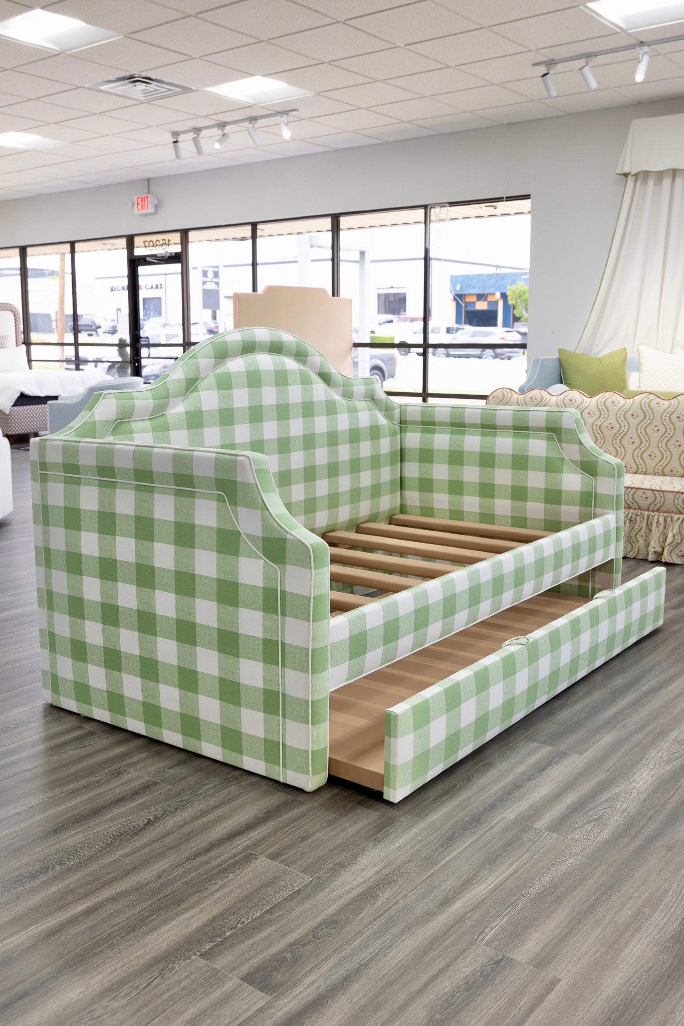 The Grace Twin Trundle Daybed - Buffalo Sage Green Fabric - White Trim