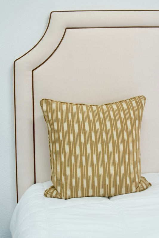 65"H King Headboard in Cream Woven Fabric - Brown Leather Trim